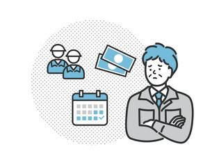 悩んでいる　ミドル　シニア　中年の作業服の男性のアイコンイラスト
