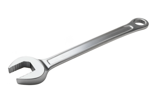 Silver wrench tool, open end and box end combination, mechanical, repair, maintenance, construction, industrial, metallic, spanner isolated on transparent background