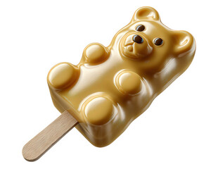 Gummy bear popsicle yellow candy dessert sweet treat cute animal shape wooden stick glossy surface playful isolated snack