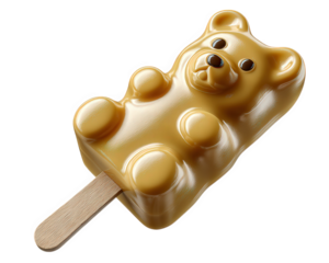 Gummy bear popsicle yellow candy dessert sweet treat cute animal shape wooden stick glossy surface playful isolated snack