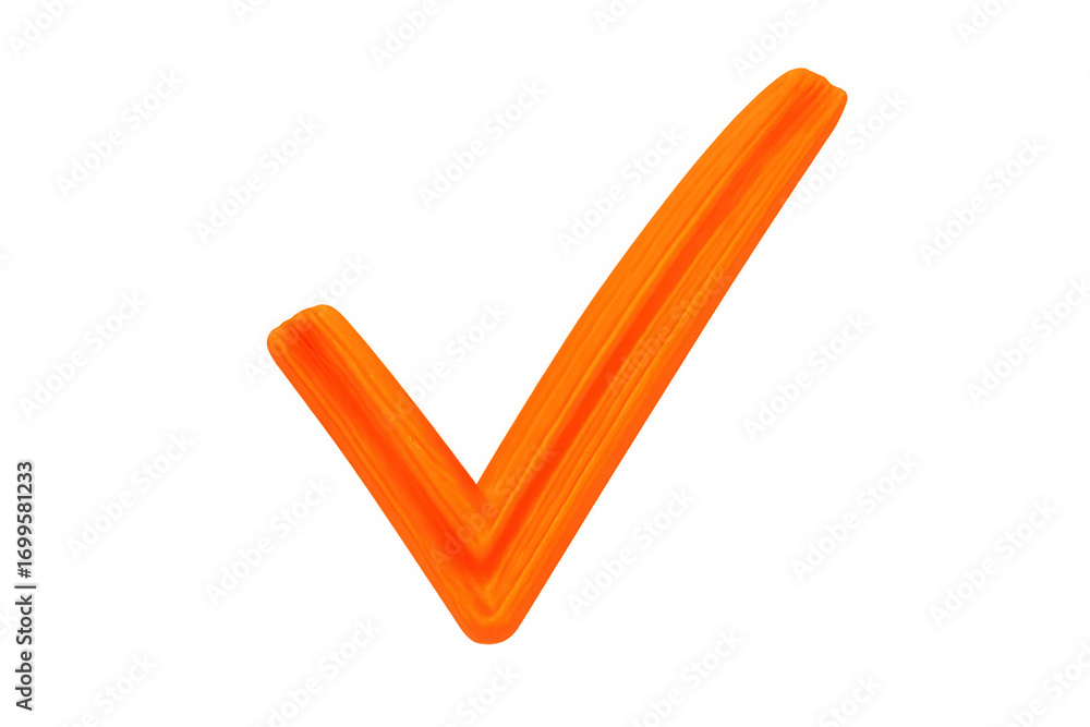 Poster orange hand-drawn checkmark indicating validation, floating on transparent surface, perfect for digi