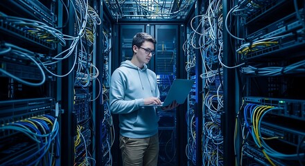 Man in server room with laptop interacting with futuristic technology and data center cables