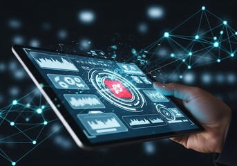 Futuristic digital interface displayed on tablet with glowing network connections