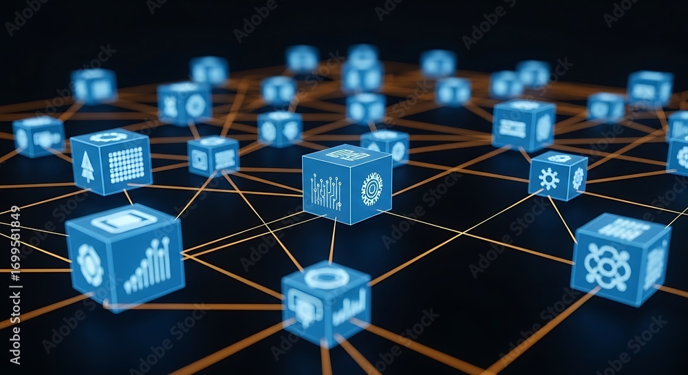 Poster interconnected glowing cubes with digital icons forming a network structure abstract background.