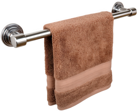Brown towel bathroom towel rack hanging soft absorbent home decor clean metal bar hygiene cozy and inviting bathroom accessory