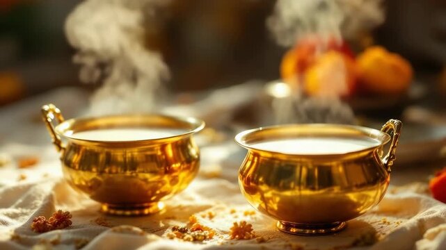 Traditional golden bowls of steaming prasad offered during govardhan puja and annakut festival celebrations display