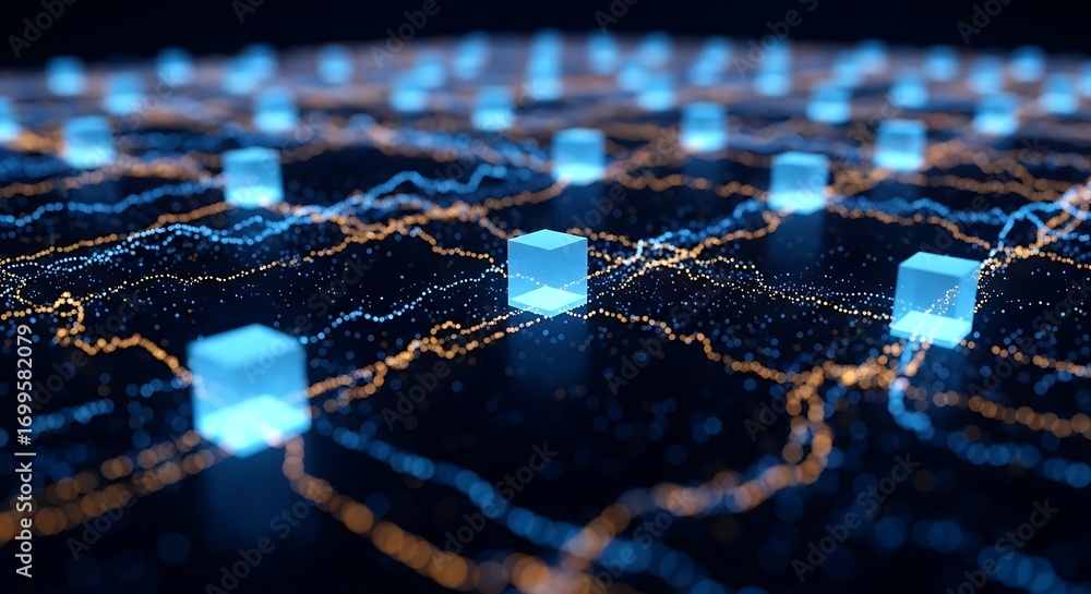 Poster abstract glowing blue cubes network grid structure data connections digital technology future