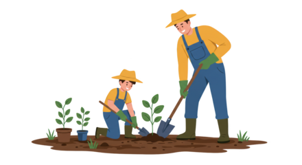 Father and Son Planting Seedlings in the Garden Together illustration featuring boots, parent, agriculture, man, people, caring concept