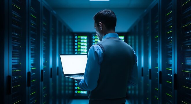 Man in server room with laptop data center technology future innovation