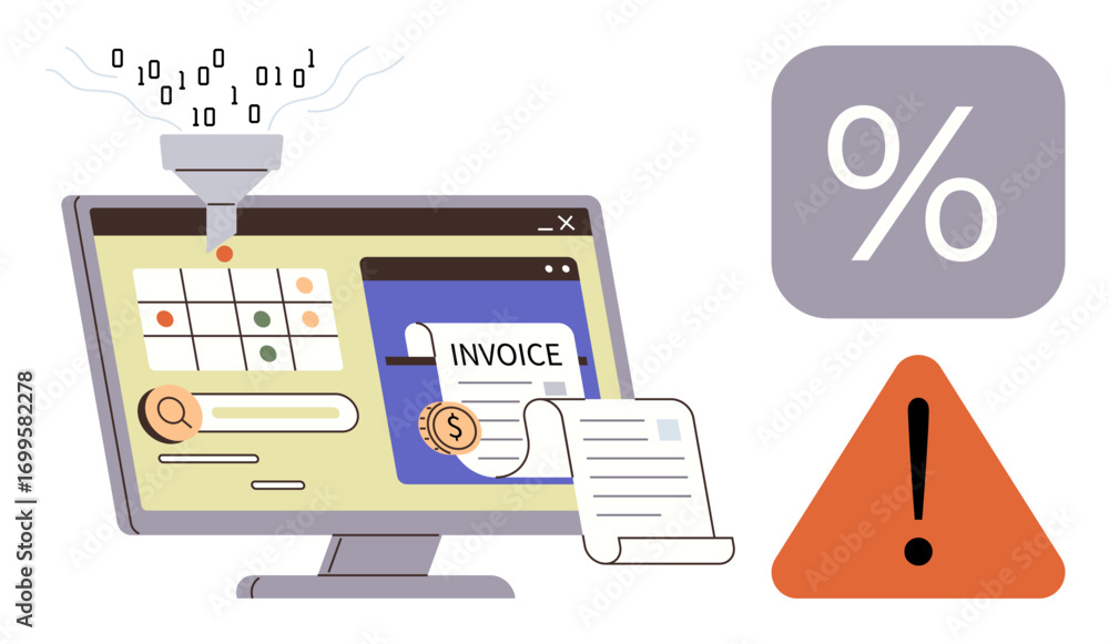 Poster monitor displaying invoice processing and data transformation. includes alert triangle, percent, and