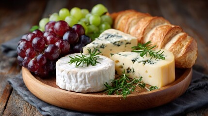 Wooden tray presenting cheese selection, grapes and baguette, creating a gourmet appetizer