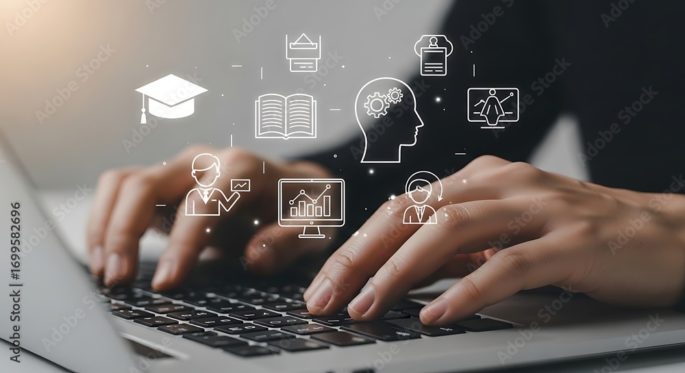 Poster hands typing on laptop keyboard with digital learning icons floating above representing online educa