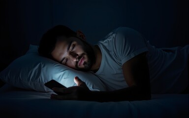 A sleepless man lying in dark bedroom with mobile phone in hands and scrolling endlessly. High quality
