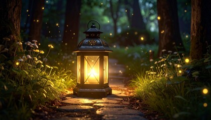 Ancient lantern placed on a stone pathway in a dark enchanted forest, surrounded by fireflies
