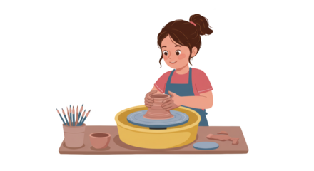 Girl Creating Pottery on Wheel illustration featuring handmade, artist, hobby, white, child, brown concept design for