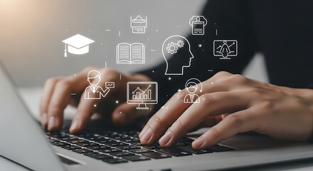 Hands typing on laptop keyboard with digital learning icons floating above representing online education and technology