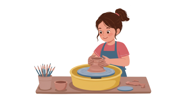 Girl Creating Pottery on Wheel illustration featuring handmade, artist, hobby, white, child, brown concept design for