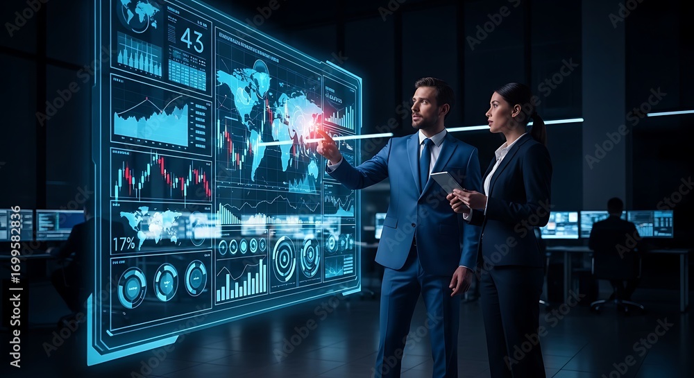 Poster business professionals interact with a futuristic holographic display showing data analytics and glo