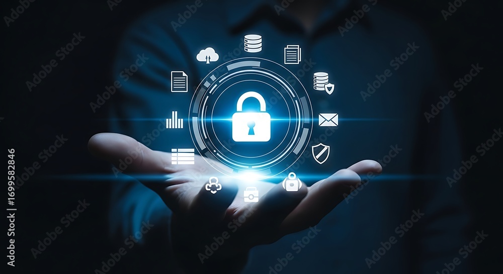 Poster digital lock icon floating above hands futuristic security technology concept visualized
