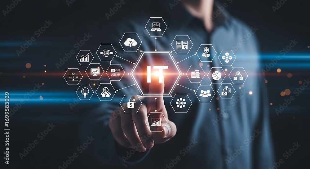 Poster person interacting with digital technology and data icons future innovation and connection