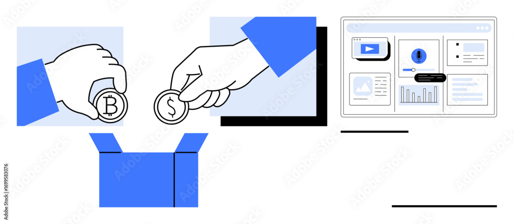 Aufkleber two hands place cryptocurrency and dollar coins into an open box while a data dashboard displays ana