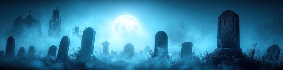 Eerie graveyard scene with tombstones under a full moon on a foggy night