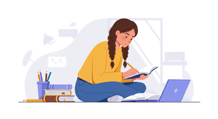 Girl Studying Online Laptop and Books illustration featuring notes, education, classroom, book, student life, concentrated concept design