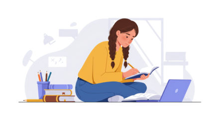Girl Studying Online Laptop and Books illustration featuring notes, education, classroom, book, student life, concentrated concept design