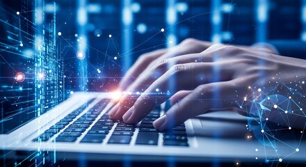 Typing on a laptop computer with futuristic digital data overlay and bright blue lights