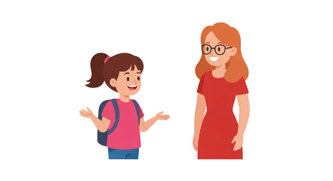 Girl Talking to Teacher Illustration illustration featuring sharing, guidance, help, blue, interaction, encouragement concept