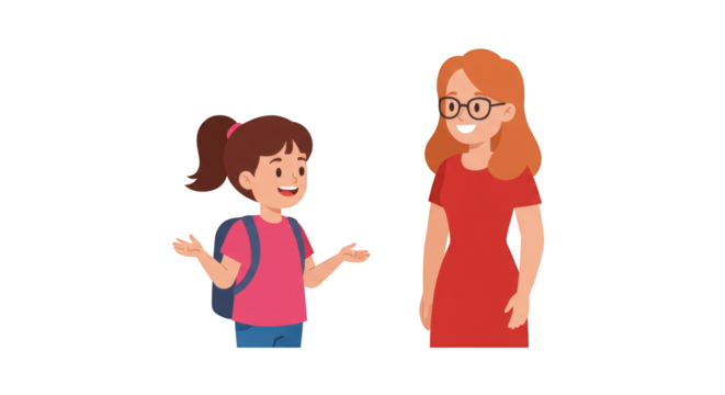 Girl Talking to Teacher Illustration illustration featuring sharing, guidance, help, blue, interaction, encouragement concept