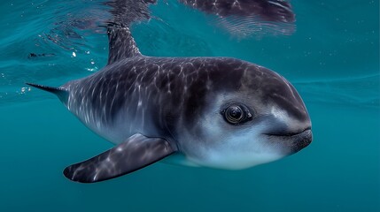 A vaquita swimming gently in turquoise waters, peaceful moment under the ocean surface with soft light rays.