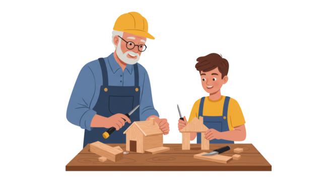 Grandfather and Grandson Building Wooden House illustration featuring grandfather, art, generation, learning together, project, craftsmanship concept design
