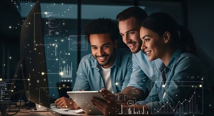 Diverse team collaborates on technology project late night with digital overlays