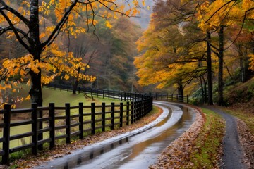 Naklejka premium Wet asphalt road winding through colorful autumn trees