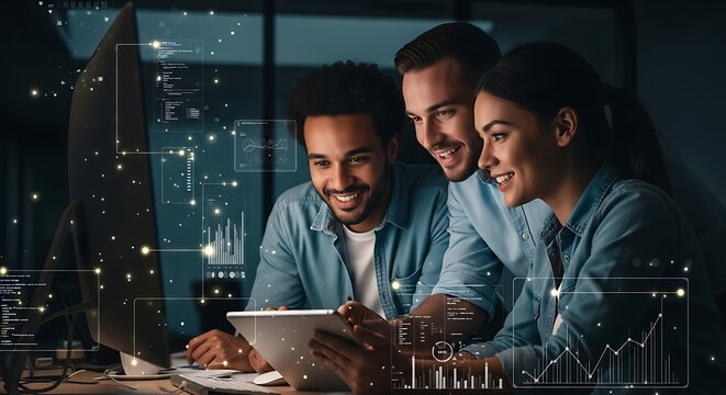 Diverse team collaborates on technology project late night with digital overlays