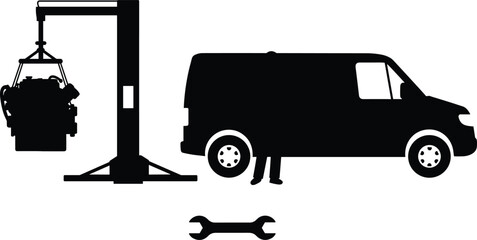 Car repair silhouette vector illustration, mechanic working with van engine, garage service design, automotive maintenance concept, black isolated wrench and vehicle graphic