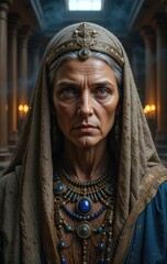 A dignified woman with striking features wears ornate jewelry, a headscarf, and a serious expression, set against a grand, dimly lit architectural background.