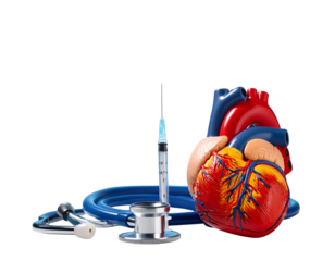 Anatomical Human Heart Model with Medical Tools Isolated on Transparent Background PNG
