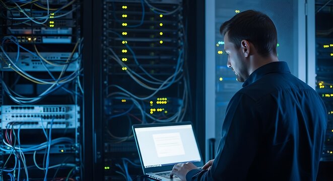 It professional working on laptop amidst server racks in data center