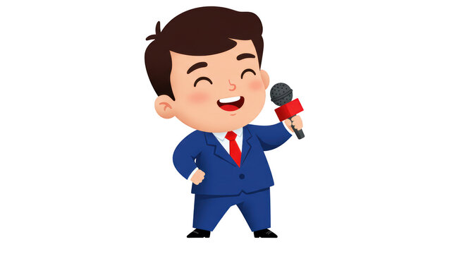 Happy Cartoon Boy Reporter Holding Microphone illustration featuring character, young, tie, talking, formal, interview concept design for modern