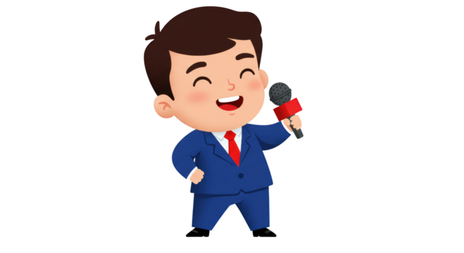 Happy Cartoon Boy Reporter Holding Microphone illustration featuring character, young, tie, talking, formal, interview concept design for modern