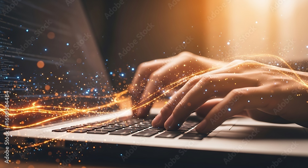 Poster hands typing on laptop keyboard with abstract light streaks and city bokeh effect
