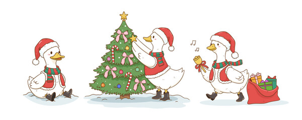 Cute geese in Christmas theme and costume illustration by hand drawn 