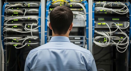 It professional overseeing server racks data center technology network infrastructure maintenance