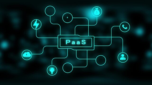 Neon blue Paa S acronym in a network diagram with bokeh background Keywords: Paa S, platform as a service, cloud computing, technology, network, diagram, connection, data, digital, abstract, blue