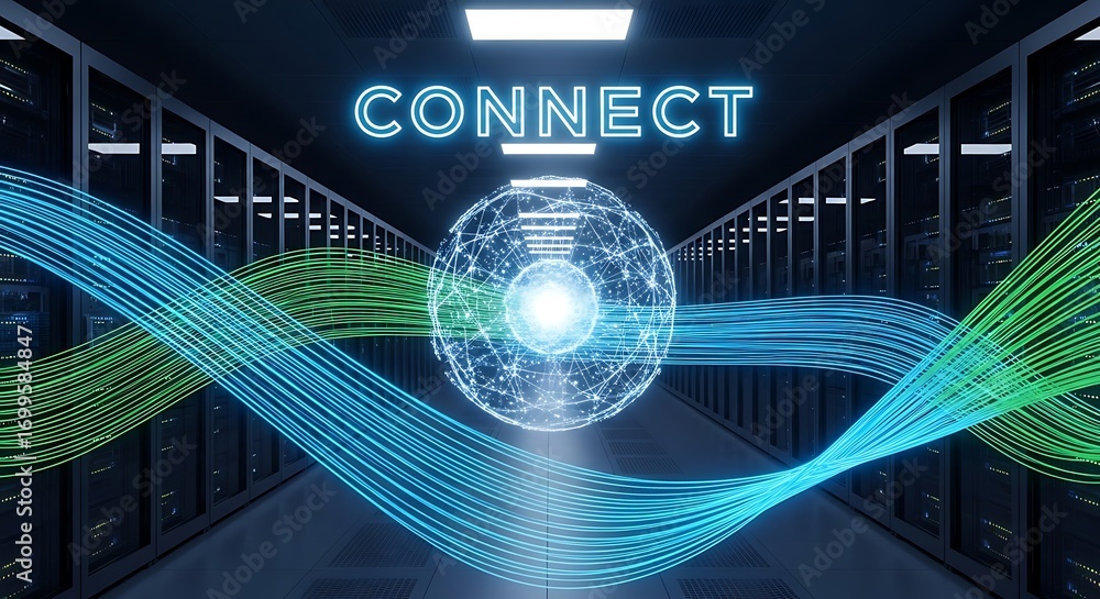 Poster digital network data flow through server room with glowing connect technology concept