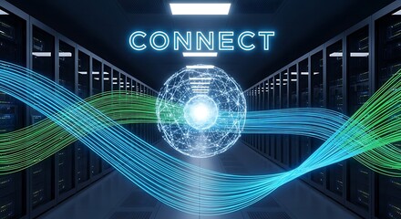 Digital network data flow through server room with glowing connect technology concept