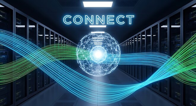 Digital network data flow through server room with glowing connect technology concept