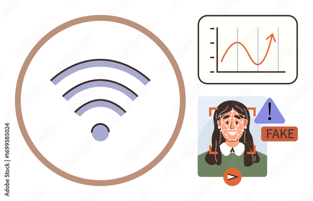 Poster wireless signal, face scan detecting fake media, warning symbol, analytics graph. ideal for ai, cybe